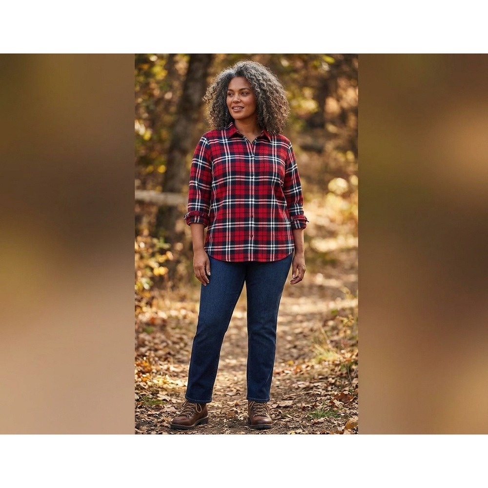 Lands End Plaid Button Up Shirt Womens 2X Red Flannel Cotton Classic Outdoors